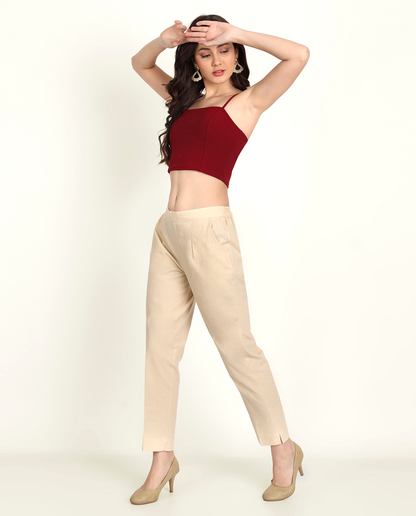  Beige Solid Women Regular Fit Cotton Trouser 