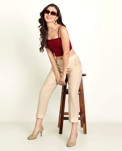  Beige Solid Women Regular Fit Cotton Trouser For Women