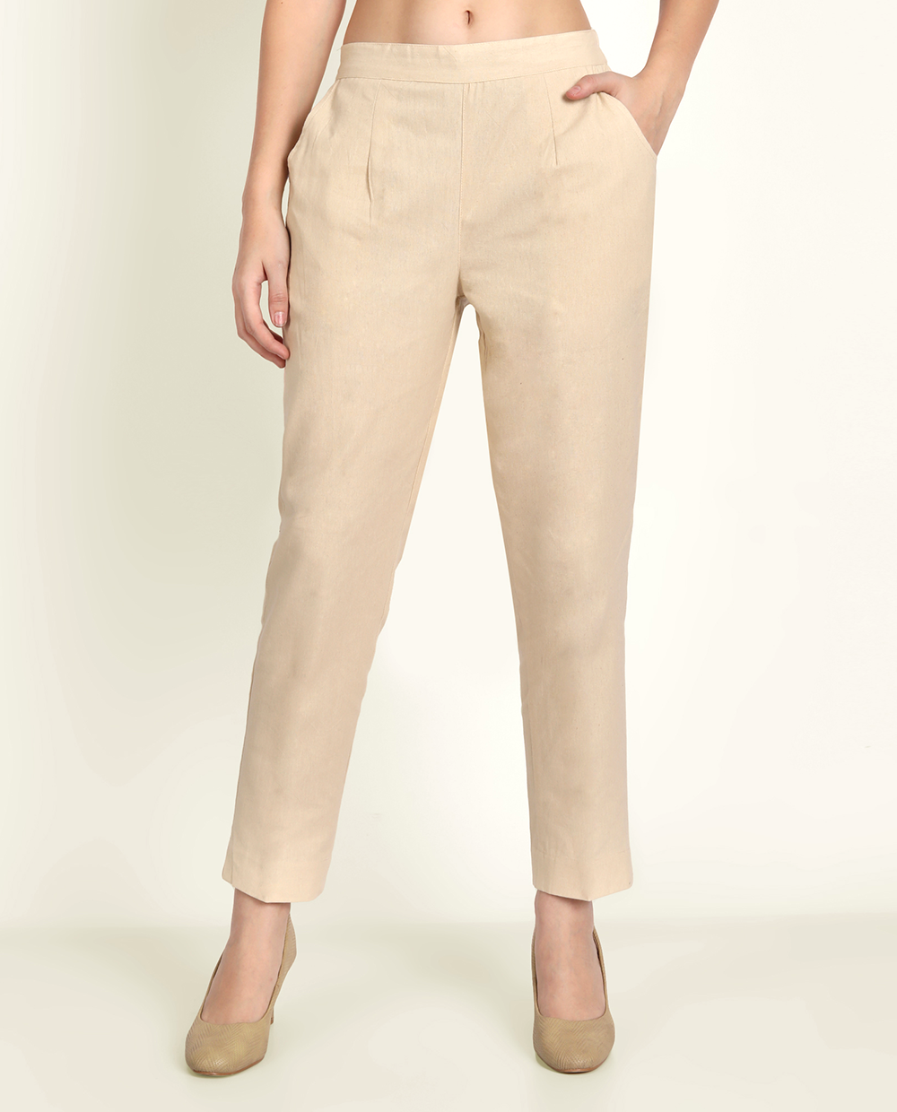  Beige Solid Women Regular Fit Cotton Trouser With Pocket
