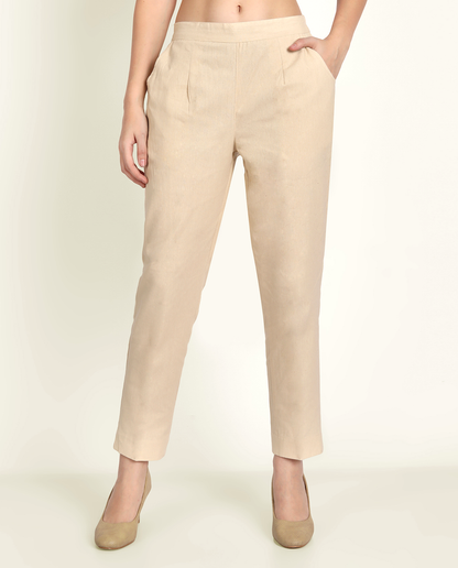  Beige Solid Women Regular Fit Cotton Trouser With Pocket