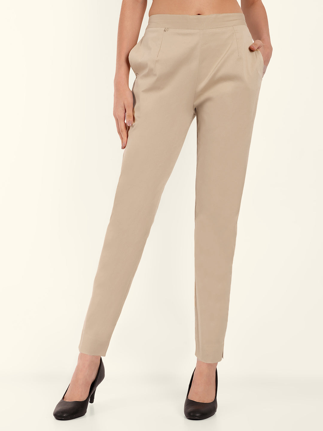  Beige Stretchable Cotton Pant For Women 