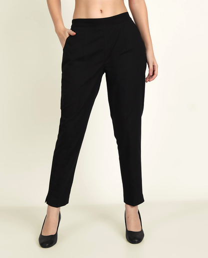 Black Solid Women Regular Fit Cotton Trouser