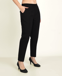 Thumbnail for Black Solid Women Regular Fit Cotton Trouser