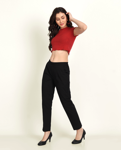  Black Solid Women Regular Fit Cotton Trouser