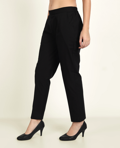  Black Solid Women Regular Fit Cotton Trouser With Pocket For Women