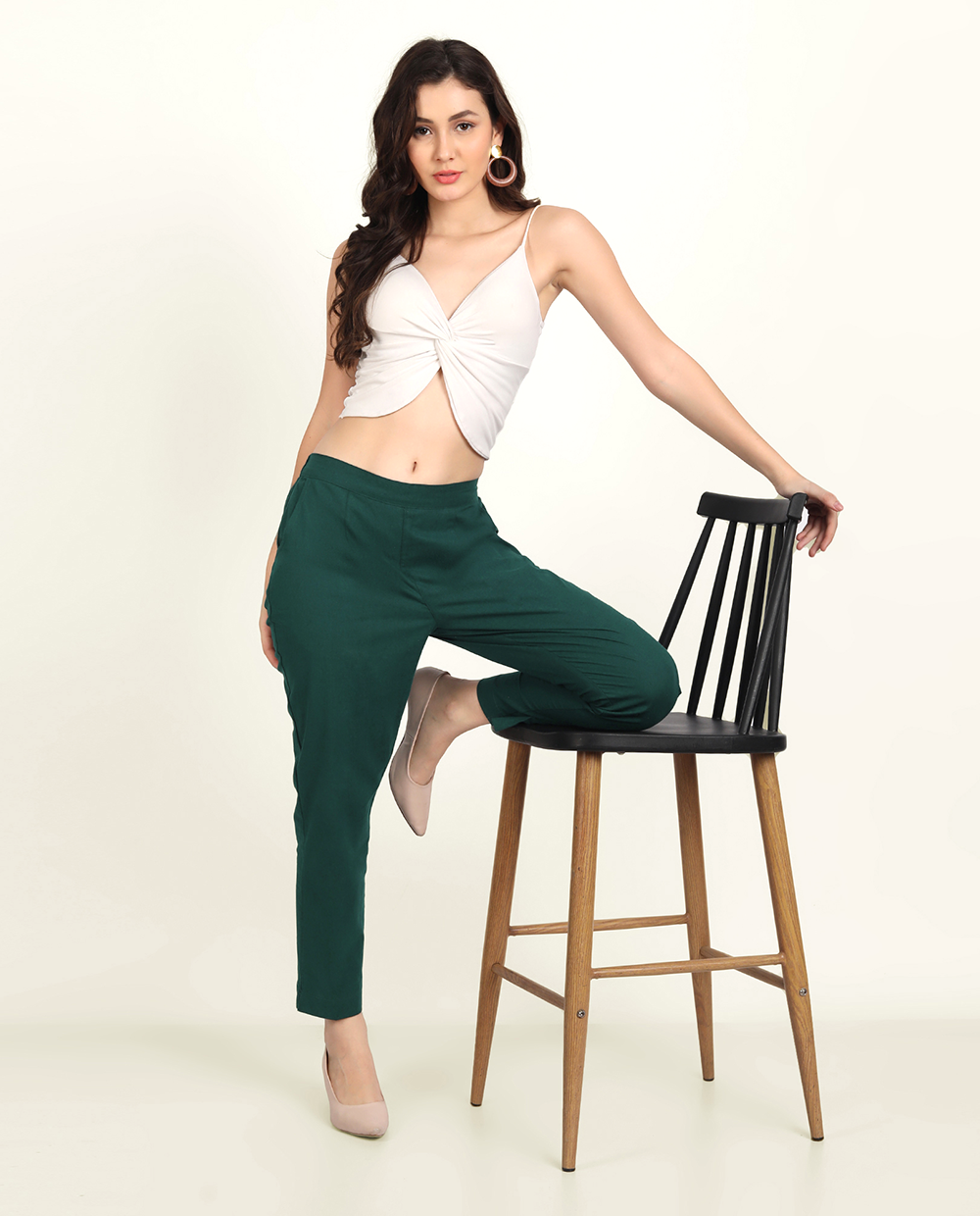 Bottle Green Solid Women Regular Fit Cotton Trouser