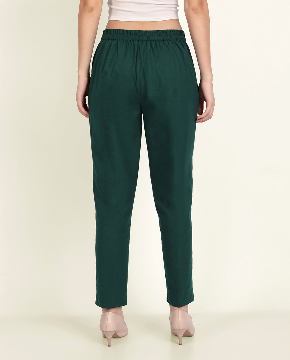 Bottle Green Solid Women Regular Fit Cotton Trouser