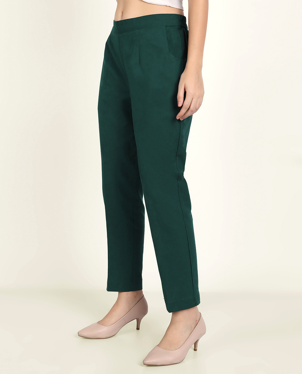 Bottle Green Solid Women Regular Fit Cotton Trouser