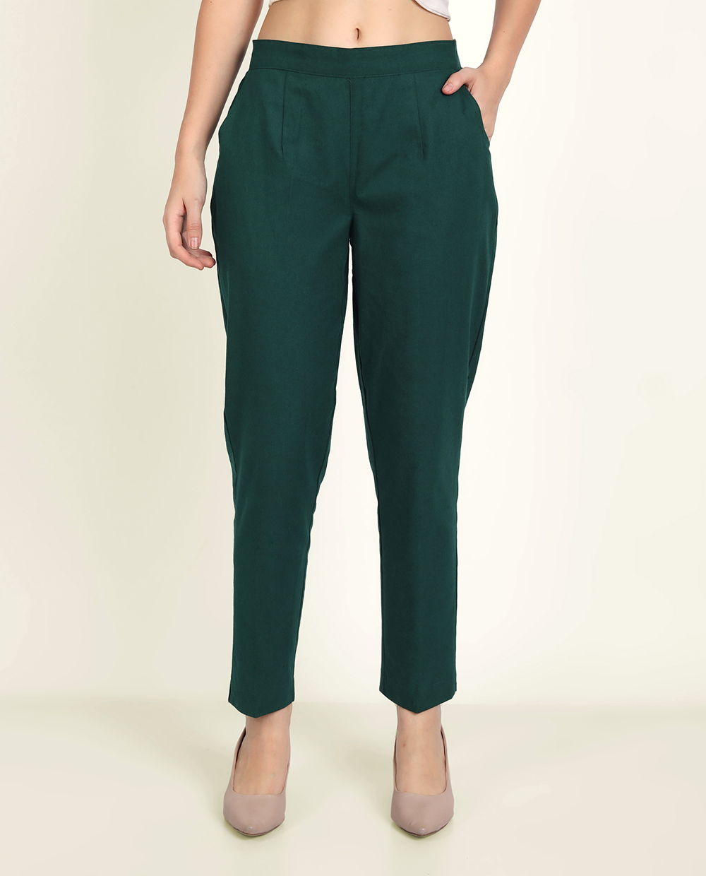 Bottle Green Solid Women Regular Fit Cotton Trouser