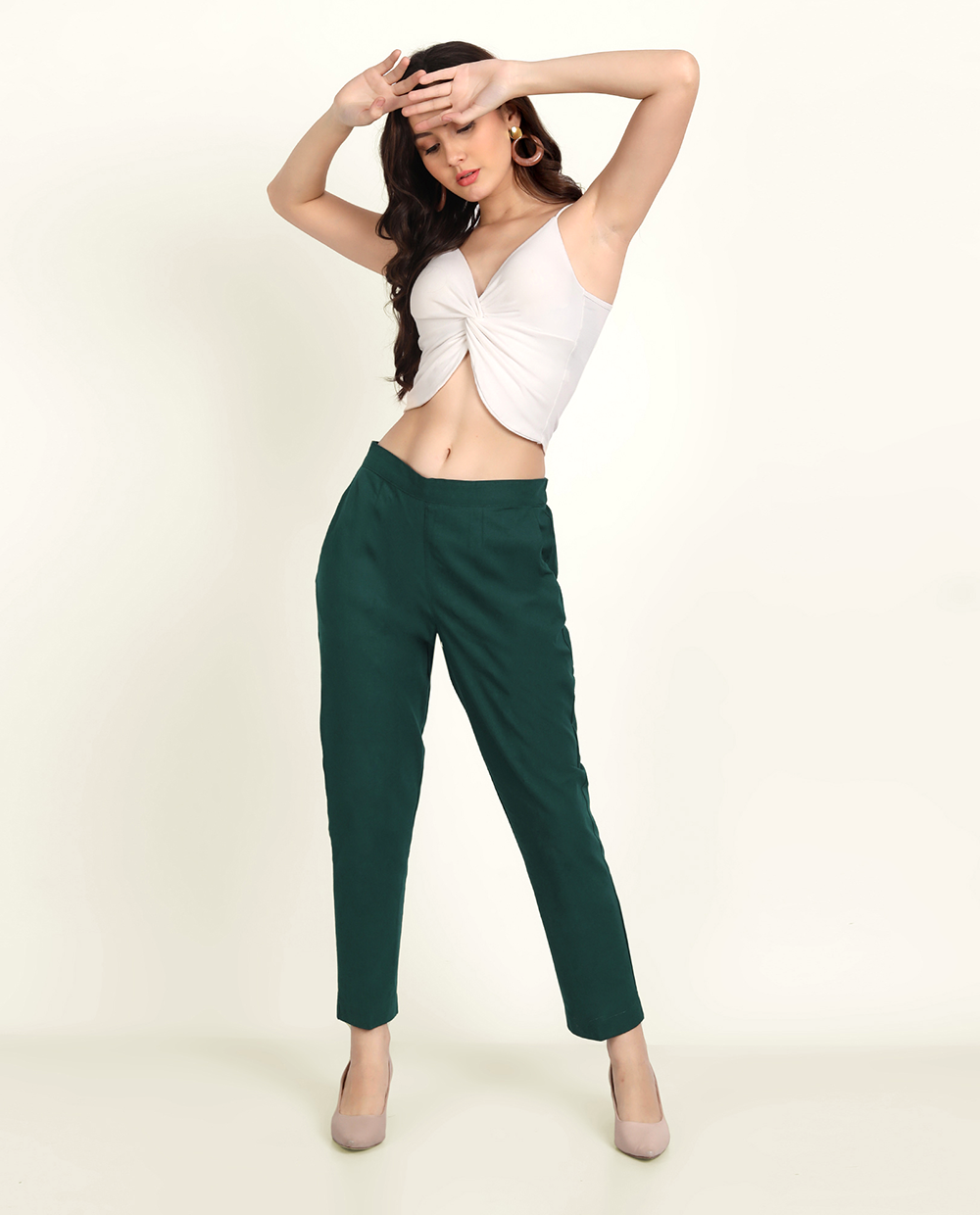 Bottle Green Solid Women Regular Fit Cotton Trouser