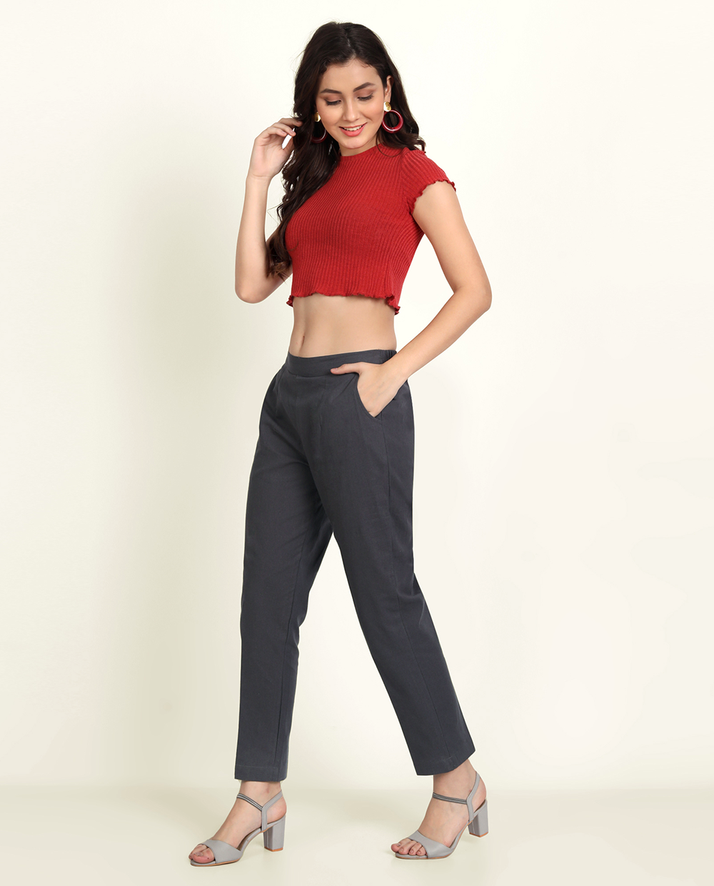Buy Cement Grey Colour Cotton Trousers for Women | Regular Fit – Naariy