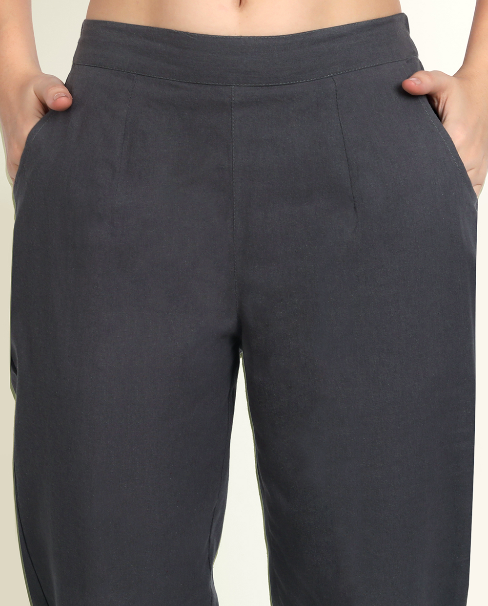 Cement Grey Solid Women Regular Fit Cotton Trouser