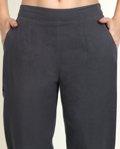 Cement Grey Solid Women Regular Fit Cotton Trouser