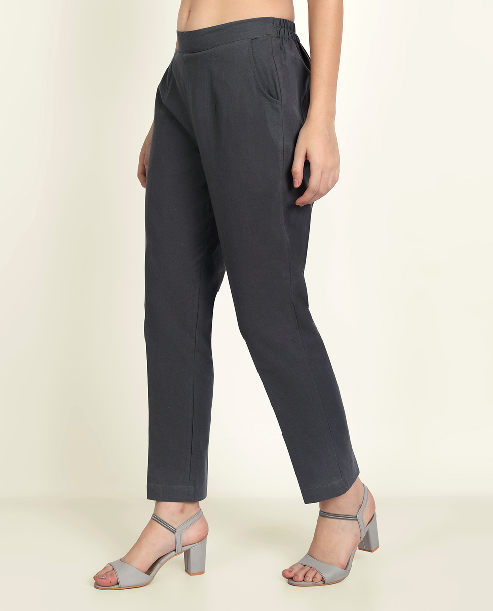 Cement Grey Solid Women Regular Fit Cotton Trouser