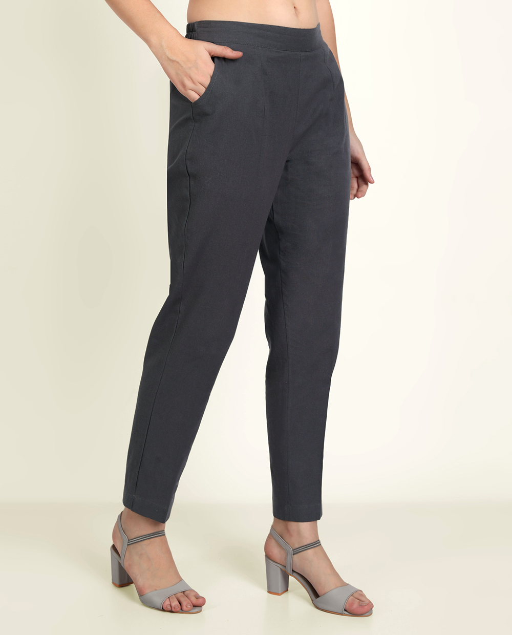 Cement Grey Solid Women Regular Fit Cotton Trouser