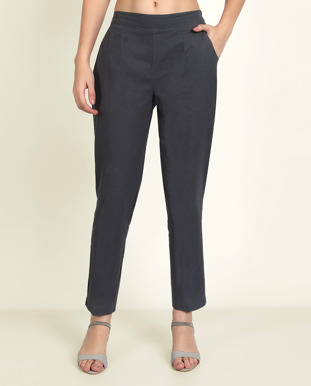 Cement Grey Solid Women Regular Fit Cotton Trouser