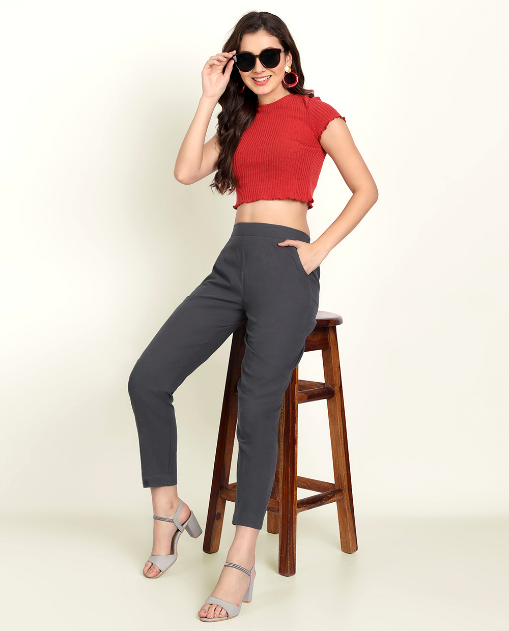 Cement Grey Solid Women Regular Fit Cotton Trouser With Pocket For Women