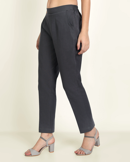 Cement Grey Solid Women Regular Fit Cotton Trouser With comfort