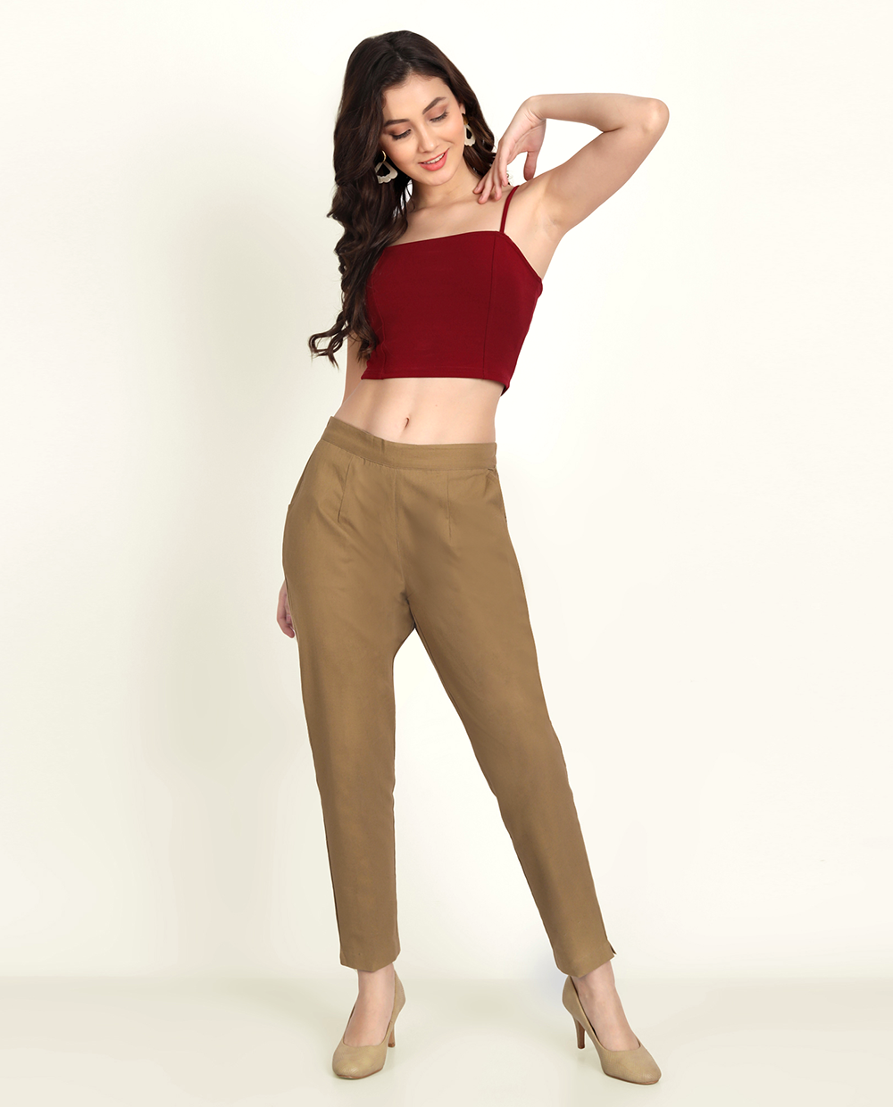 Coffee Brown Solid Women Regular Fit Cotton Trouser