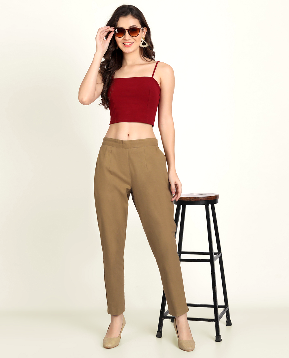 Coffee Brown Solid Women Regular Fit Cotton Trouser