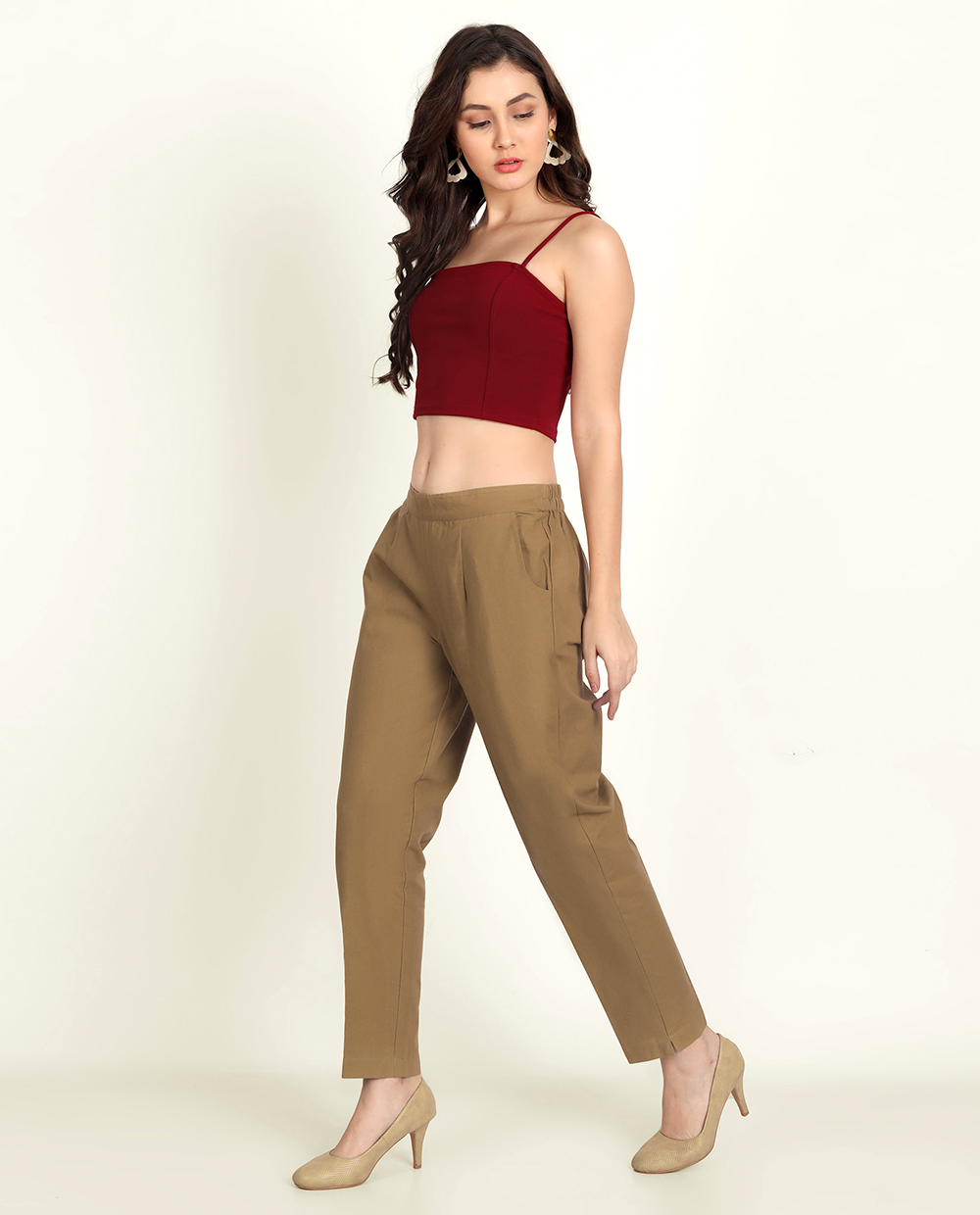 Coffee Brown Solid Women Regular Fit Cotton Trouser