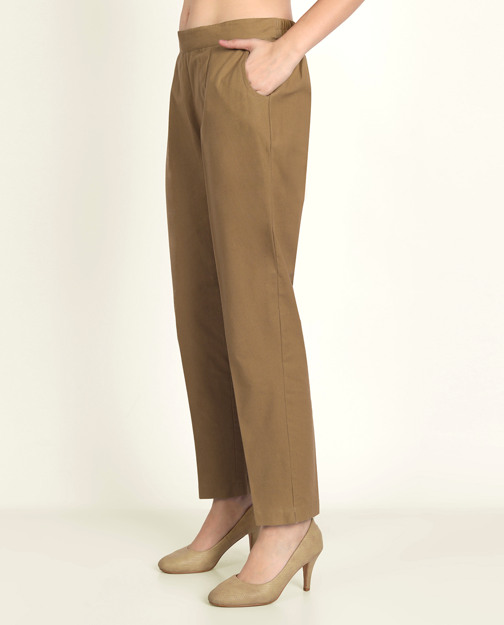 Coffee Brown Solid Women Regular Fit Cotton Trouser