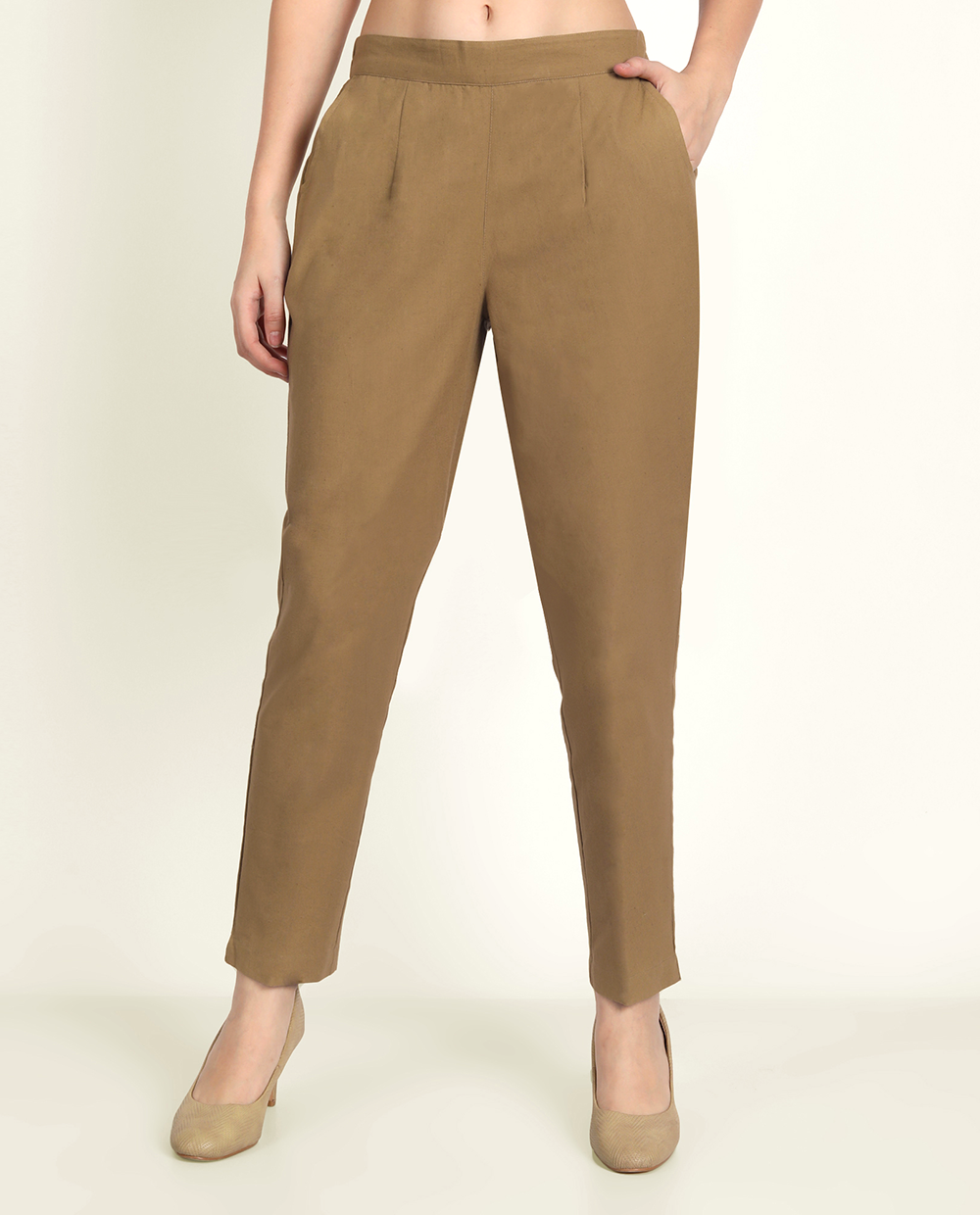 Coffee Brown Solid Women Regular Fit Cotton Trouser