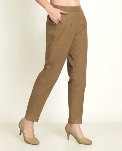 Coffee Brown Solid Women Regular Fit Cotton Trouser