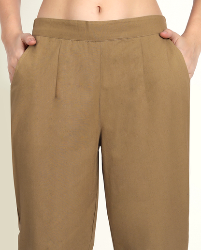 Coffee Brown Solid Women Regular Fit Cotton Trouser