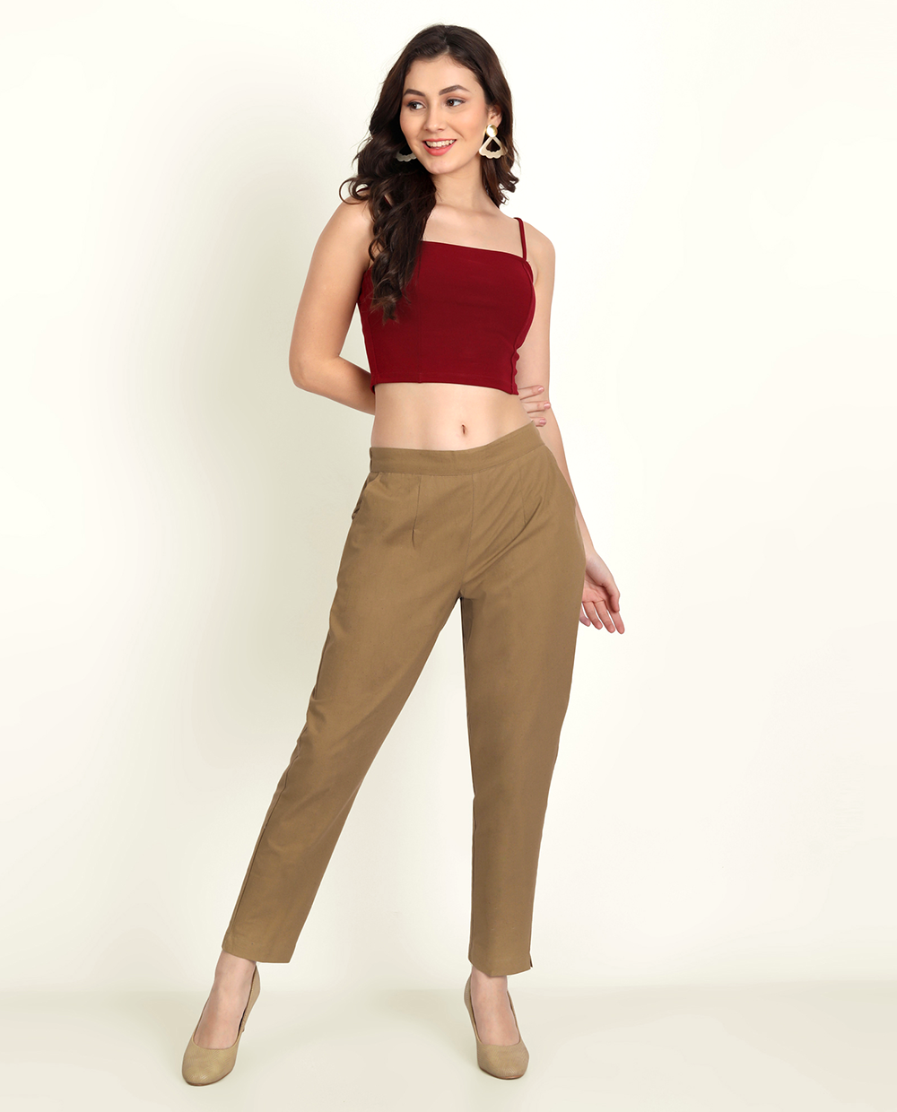 Coffee Brown Solid Women Regular Fit Cotton Trouser