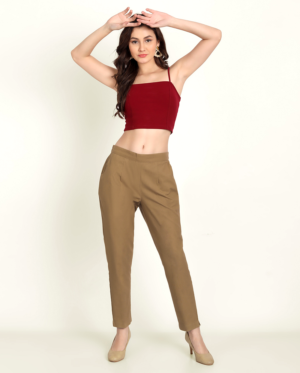 Coffee Brown Solid Women Regular Fit Cotton Trouser