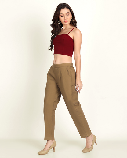  Coffee Brown Solid Women Regular Fit Cotton Trouser With Pocket For Women
