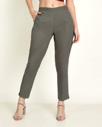 Thumbnail for Grey Solid Women Regular Fit Cotton Trouser