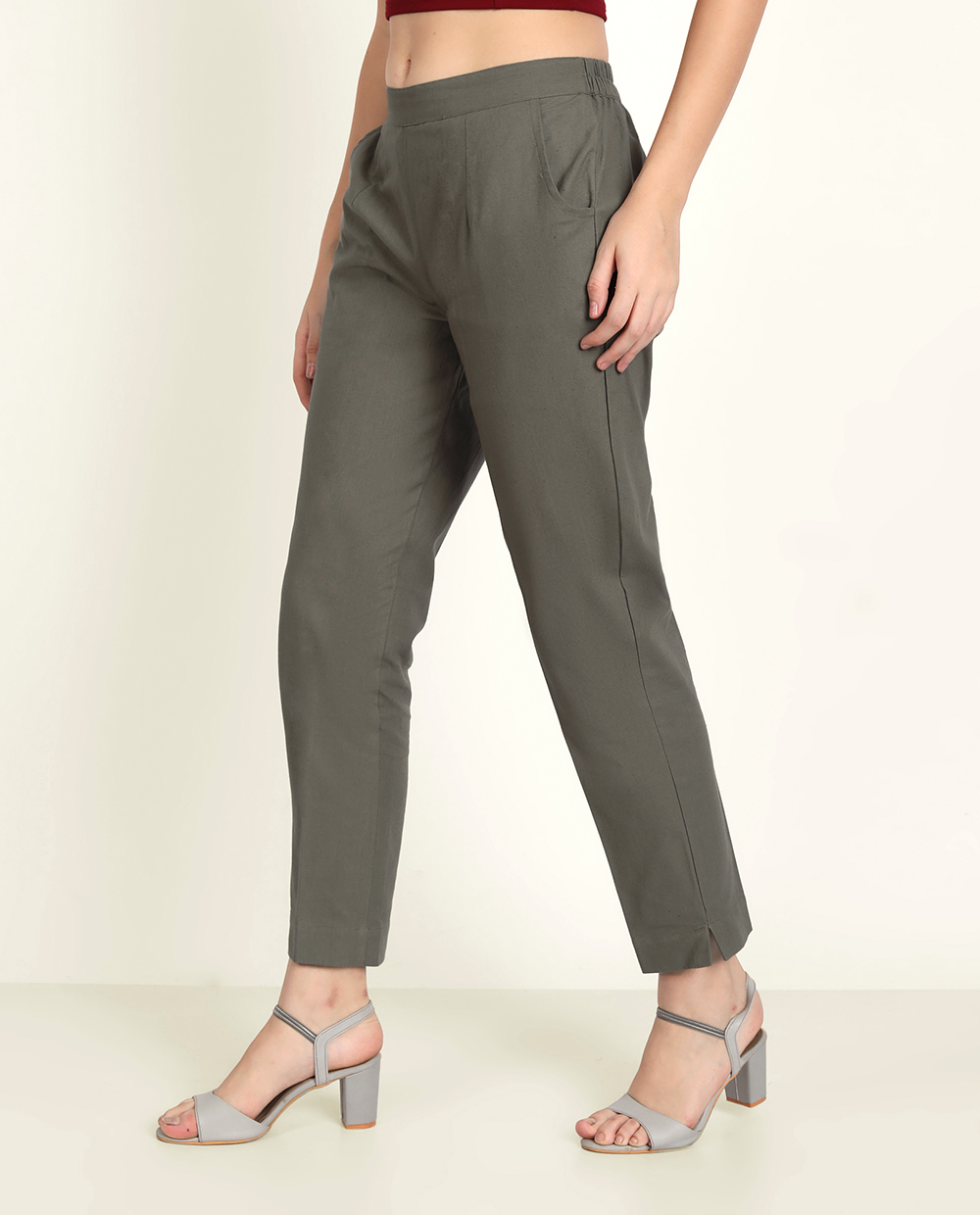 Grey Solid Women Regular Fit Cotton Trouser