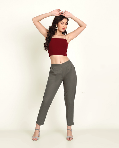  Grey Solid Women Regular Fit Cotton Trouser For Women