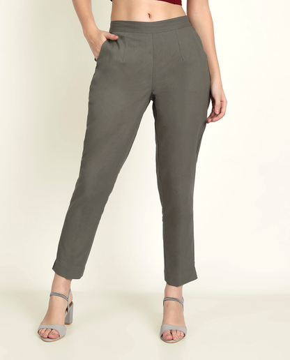  Grey Solid Women Regular Fit Cotton Trouser With Pocket