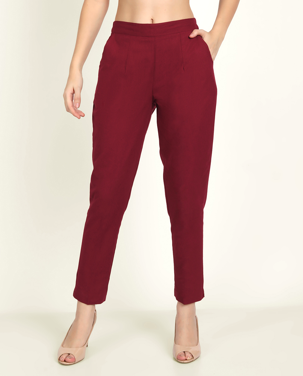 Maroon Solid Women Regular Fit Cotton Trouser