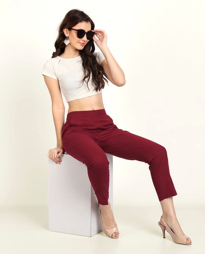 Maroon Solid Women Regular Fit Cotton Trouser