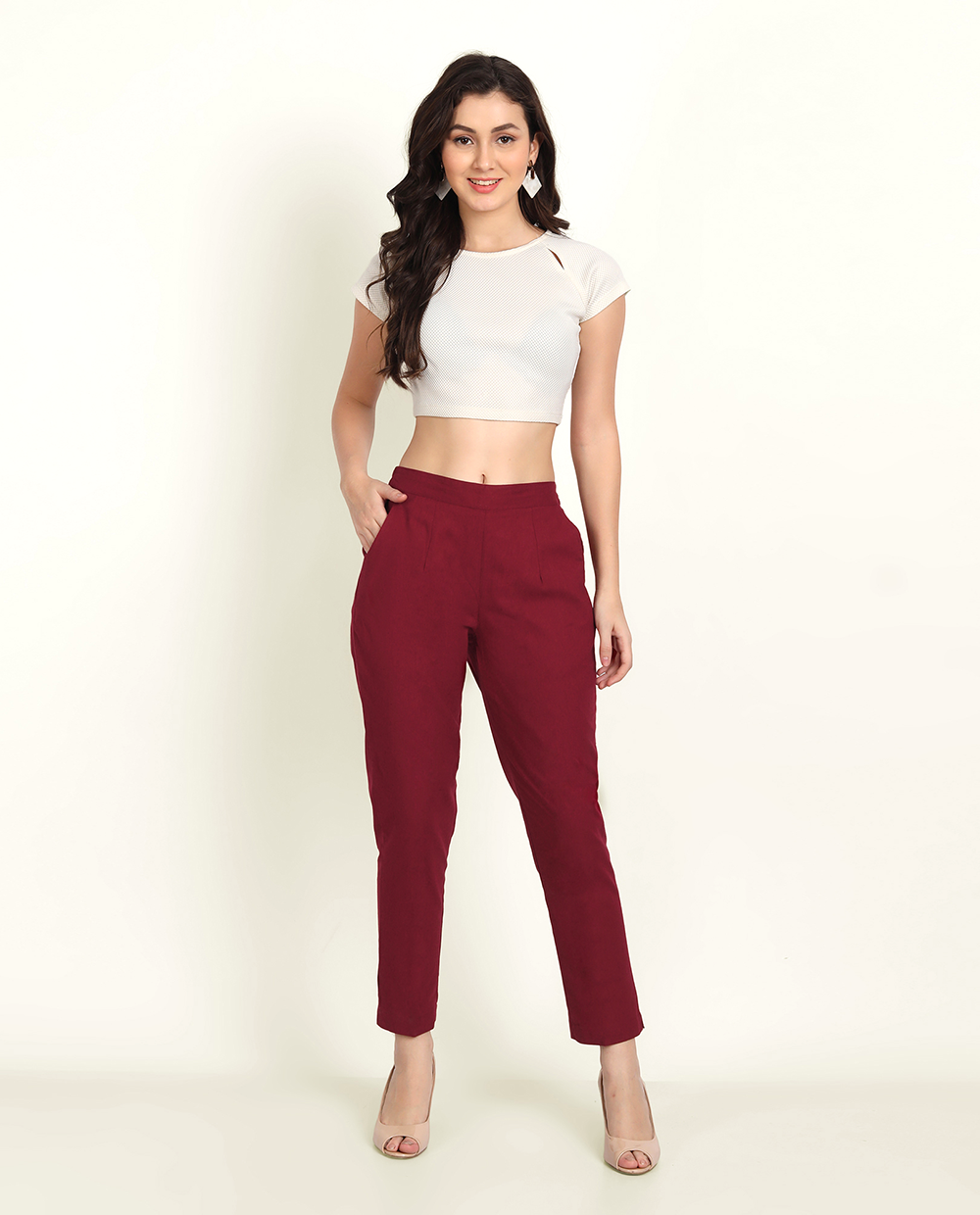 Maroon Solid Women Regular Fit Cotton Trouser