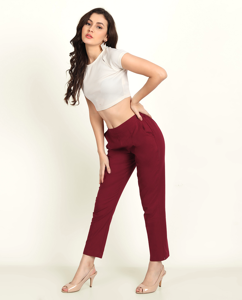 Maroon Solid Women Regular Fit Cotton Trouser