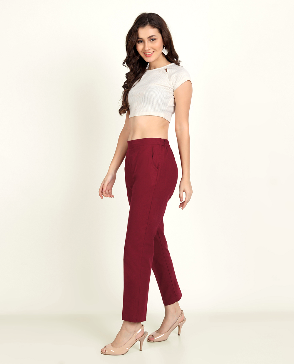 Maroon Solid Women Regular Fit Cotton Trouser