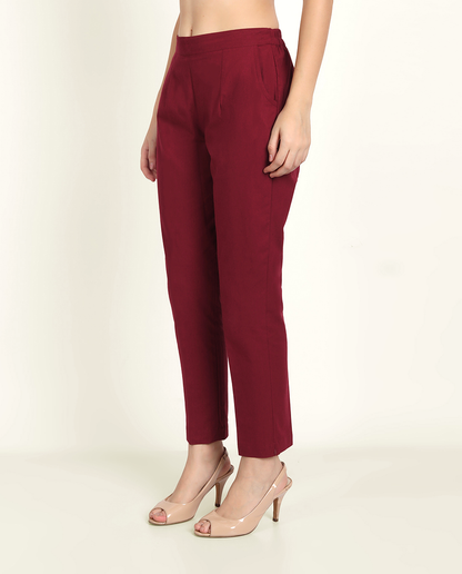  Maroon Solid Women Regular Fit Cotton Trouser For Women