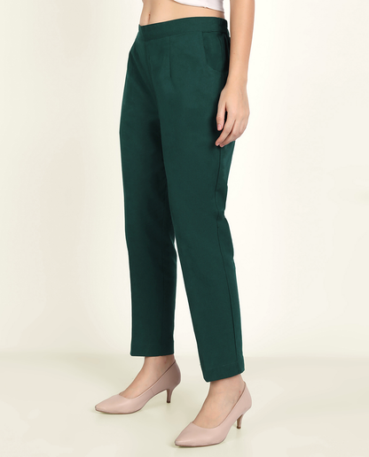 Naariy Bottle Green Solid Women Regular Fit Cotton Trouser With Comfort For Women