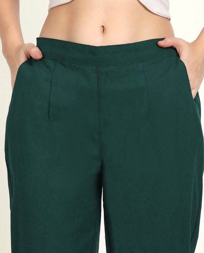 Naariy Bottle Green Solid Women Regular Fit Cotton Trouser With Pocket