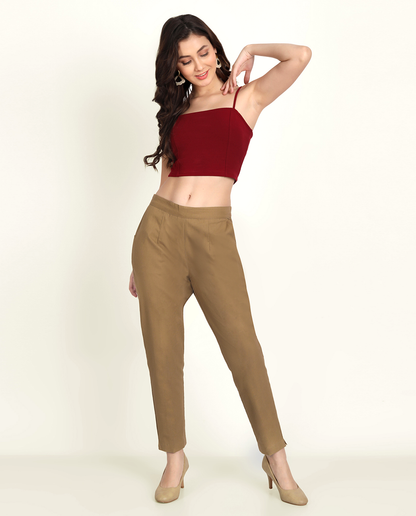 Naariy Coffee Brown Solid Women Regular Fit Cotton Trouser Comfortable For Women