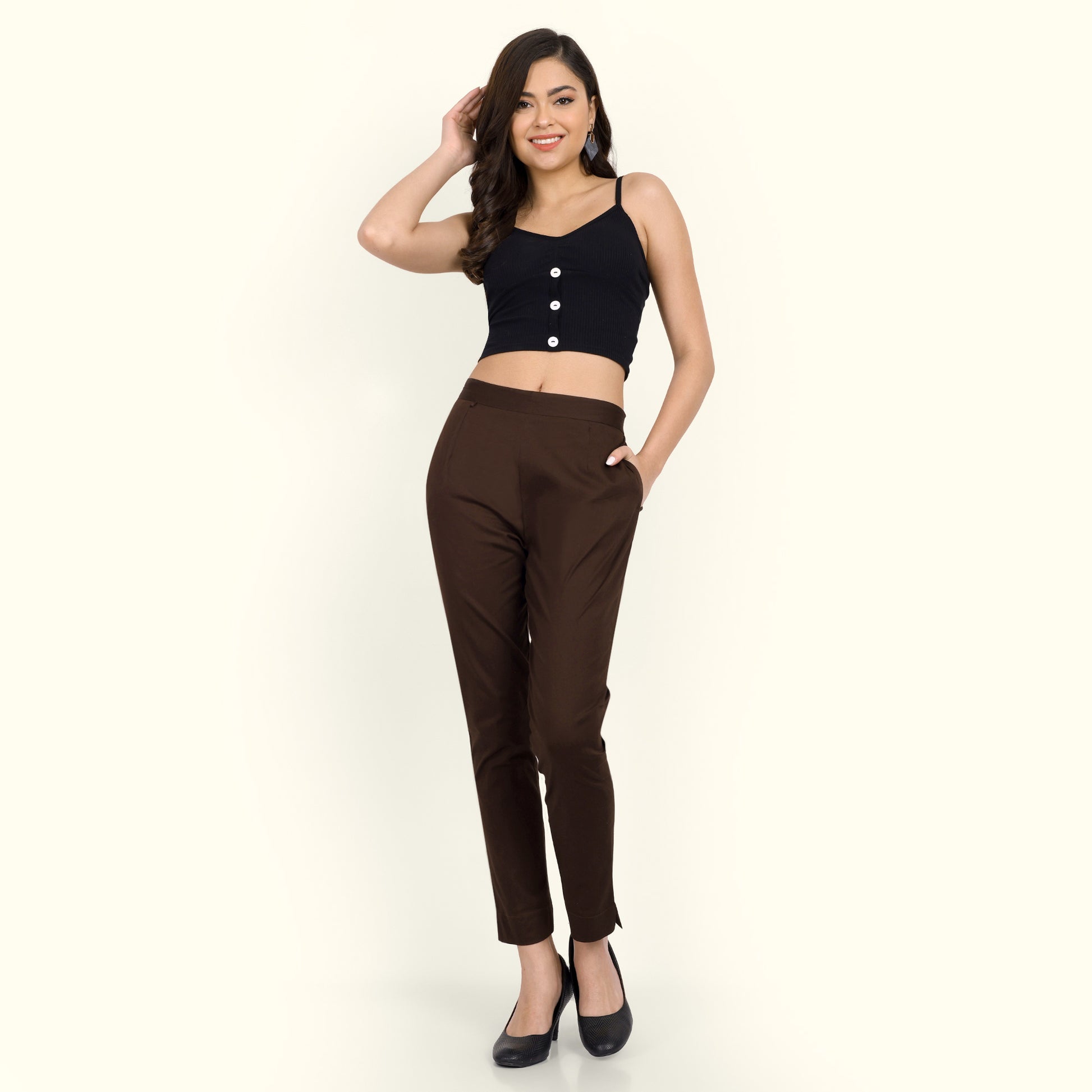 Naariy Dark Coffee Brown Stretchable Cotton Pant With Pocket For Women
