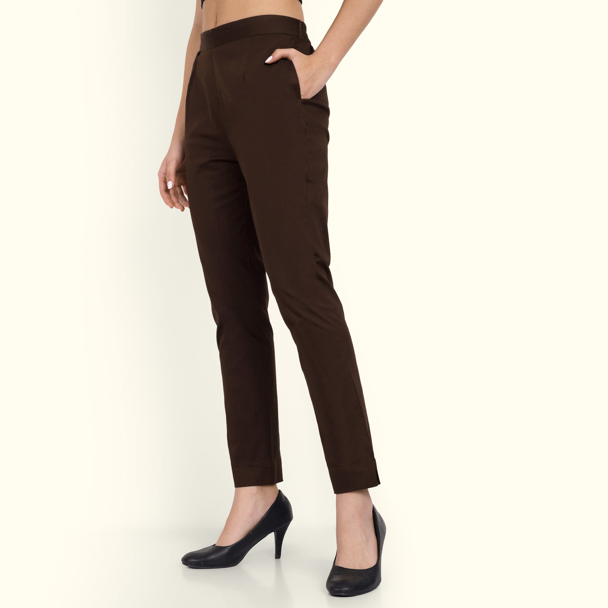 Naariy Dark Coffee Brown Stretchable Cotton Pant With Stylish Look For Women