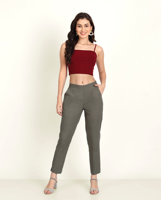 Naariy Grey Solid Women Regular Fit Cotton Trouser