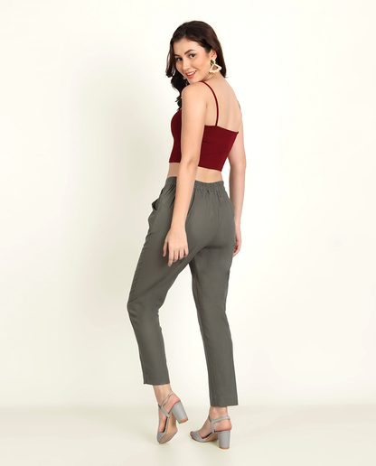 Naariy Grey Solid Women Regular Fit Cotton Trouser For Women