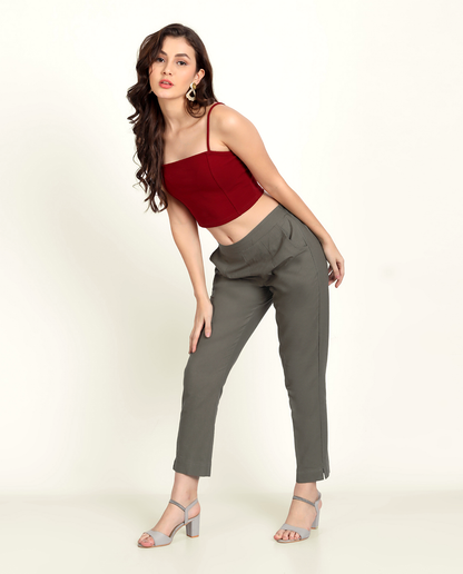  Naariy Grey Solid Women Regular Fit Cotton Trouser With Comfort